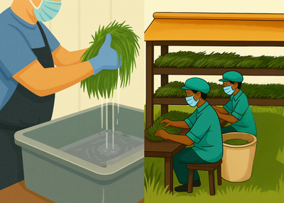 Wheatgrass is washed and shade dried