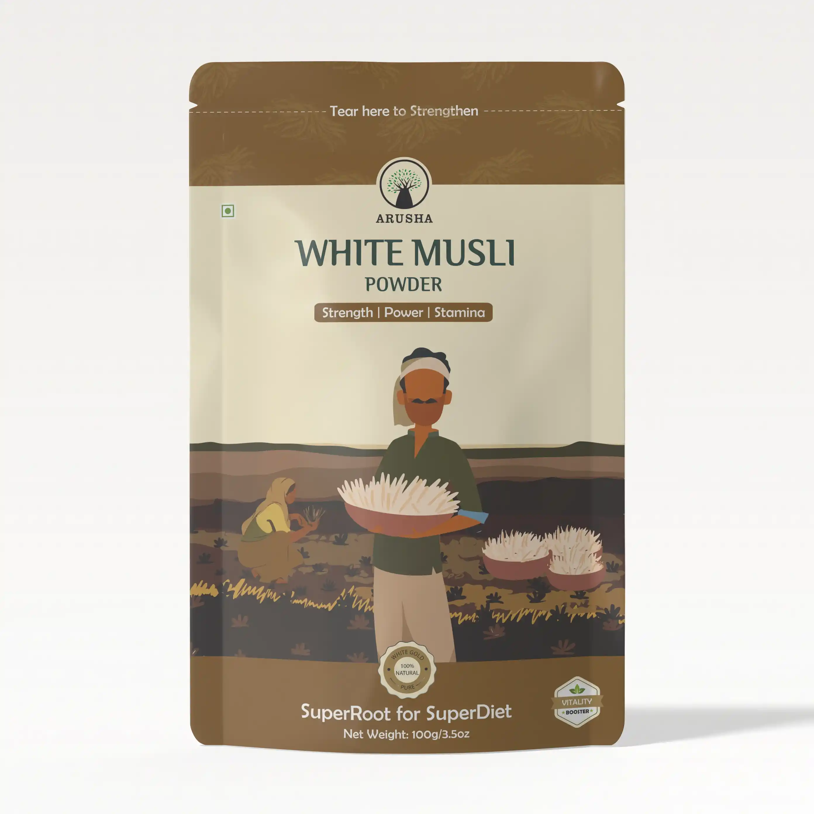 Arusha white musli powder packaging displayed on white background