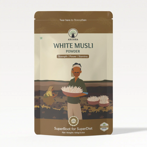 Arusha white musli powder packaging displayed on white background